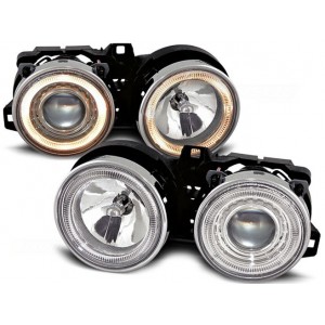 Lampy przód BMW E30 CHROM Angel Eyes soczewkowe Ringi DEPO LPBM22