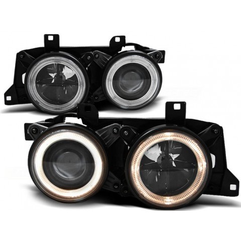 Lampy przód BMW E32 Angel Eyes z BLACK - czarne + ringi DEPO LPBM60
