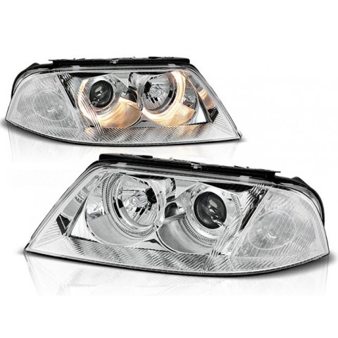 Lampy przód VW Passat B5 FL - CHROM Angel Eyes soczewkowe Ringi LPVW33 DEPO