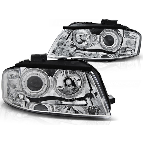 Lampy przód Audi A3 8P 03-08 CHROM Angel Eyes soczewkowe Ringi LPAU77