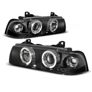 Lampy przód BMW E36 SEDAN COMPACT TOURING Clear BLACK Angel Eyes ringi BM02
