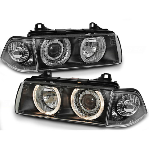 Lampy przód BMW E36 Coupe / Cabrio clear Angel Eyes BLACK Ringi DEPO LPBM35