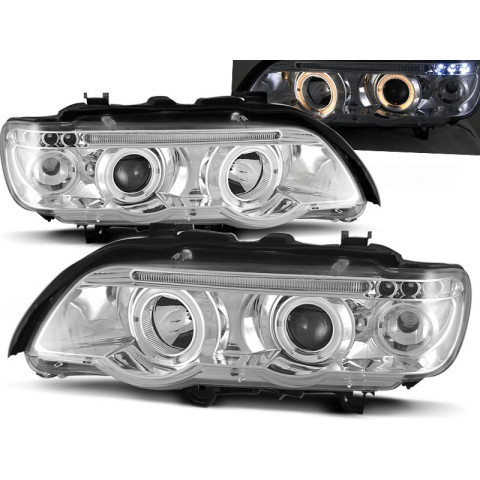 Lampy przód BMW E53 X5 H1/H1 Angel Eyes CHROM Ringi + LED LPBM42