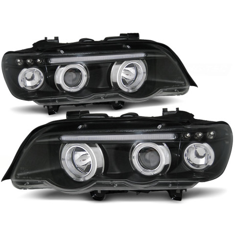 Lampy przód BMW E53 X5 Angel Eyes BLACK czarne Ringi + LED LPBM43