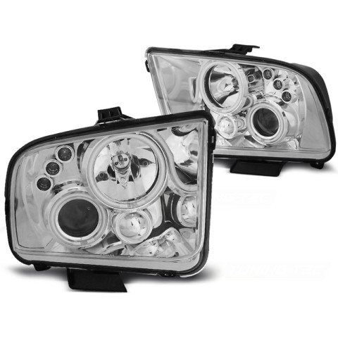 Lampy przód Ford Mustang 05-09 Angel Eyes CHROM soczewkowe ringi LED LPFO30