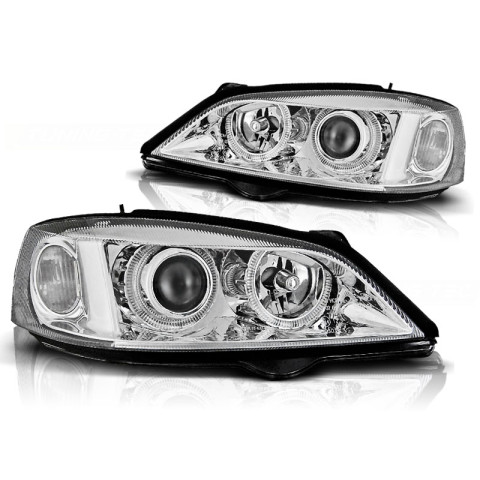 Lampy przód Opel Astra G clearglass CHROM Angel Eyes Ringi DEPO LPOP31