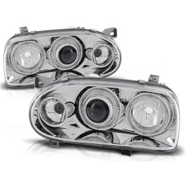 Lampy przód VW Golf 3 Clear Angel Eyes CHROM Soczewkowe LPVW47 DEPO