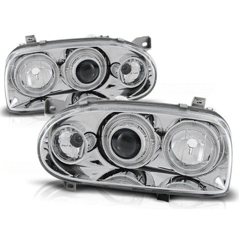 Lampy przód VW Golf 3 Clear Angel Eyes CHROM Soczewkowe LPVW47 DEPO