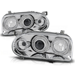 Lampy przód VW Golf 3 Clear Angel Eyes CHROM Soczewkowe LPVW47 DEPO