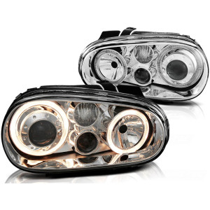 Lampy przód VW Golf 4 clear CHROM soczewkowe Angel Eyes LPVW42 DEPO