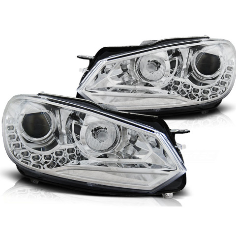 Lampy przód VW Golf 6 - CHROM LED DRL - diodowe Światła dzienne LPVWG2