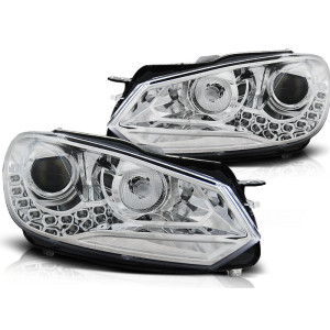 Lampy przód VW Golf 6 - CHROM LED DRL - diodowe Światła dzienne LPVWG2