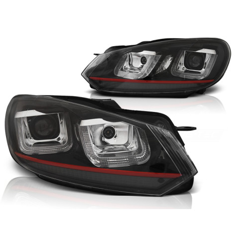 Lampy przód VW Golf 6 - BLACK LED DRL dzienne - z czerwonym paskiem LPVWP5