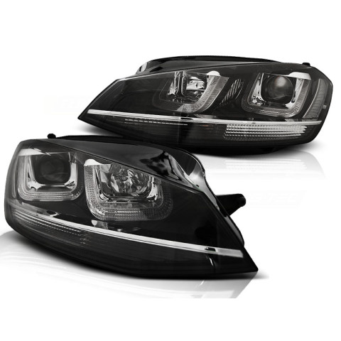 Lampy przód VW Golf 7 - BLACK LED DRL dzienne - z chrom paskiem LPVWM1