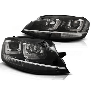 Lampy przód VW Golf 7 - BLACK LED DRL dzienne - z chrom paskiem LPVWM1